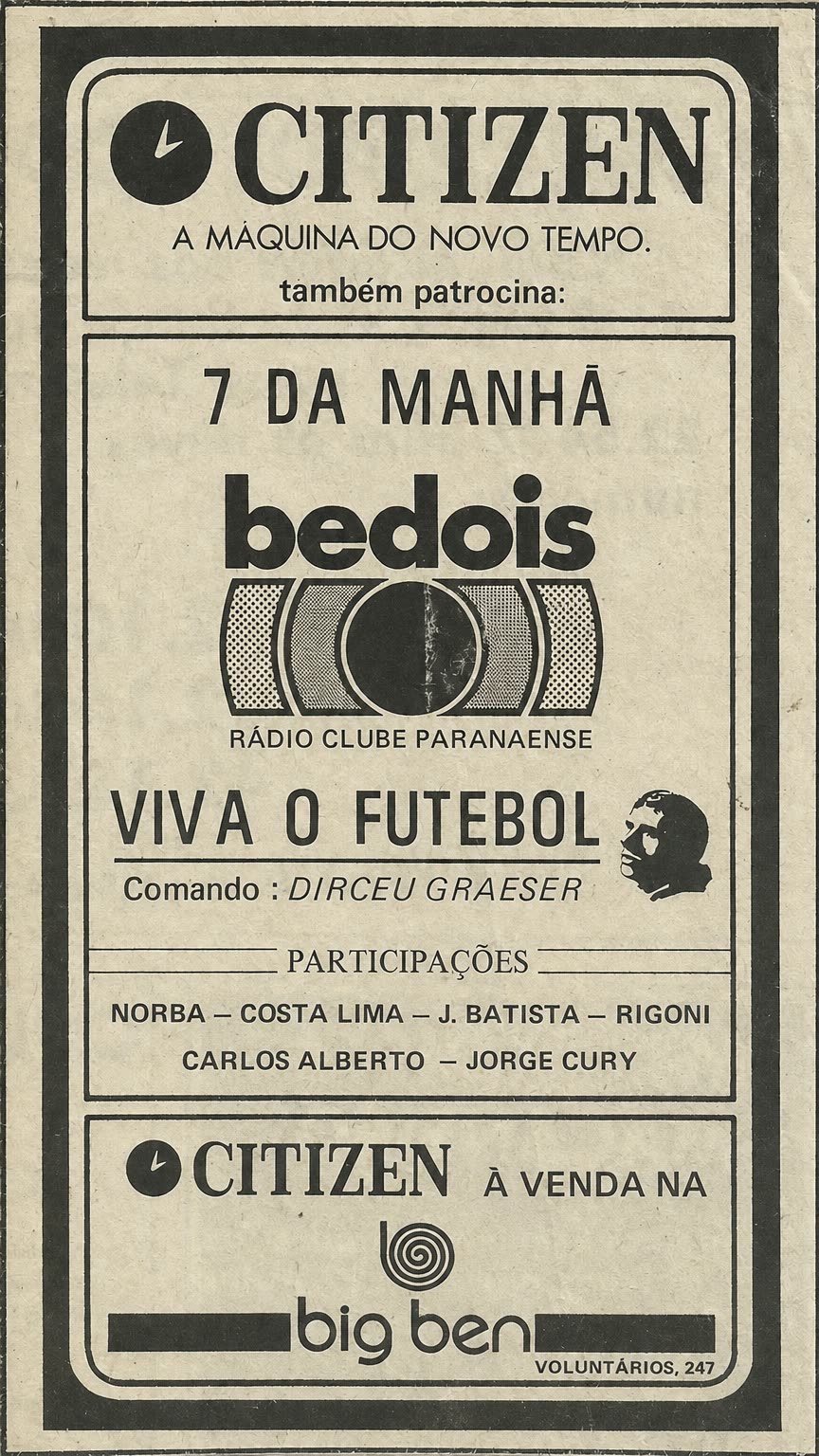 Publicidade do programa “Viva o Futebol” pela Rádio Clube Paranaense, a bedois